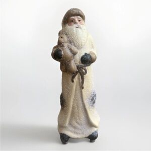Neutral Santa Holding Teddy Bear Figurine, Ceramic, 8.5 Inches • Christmas Decor